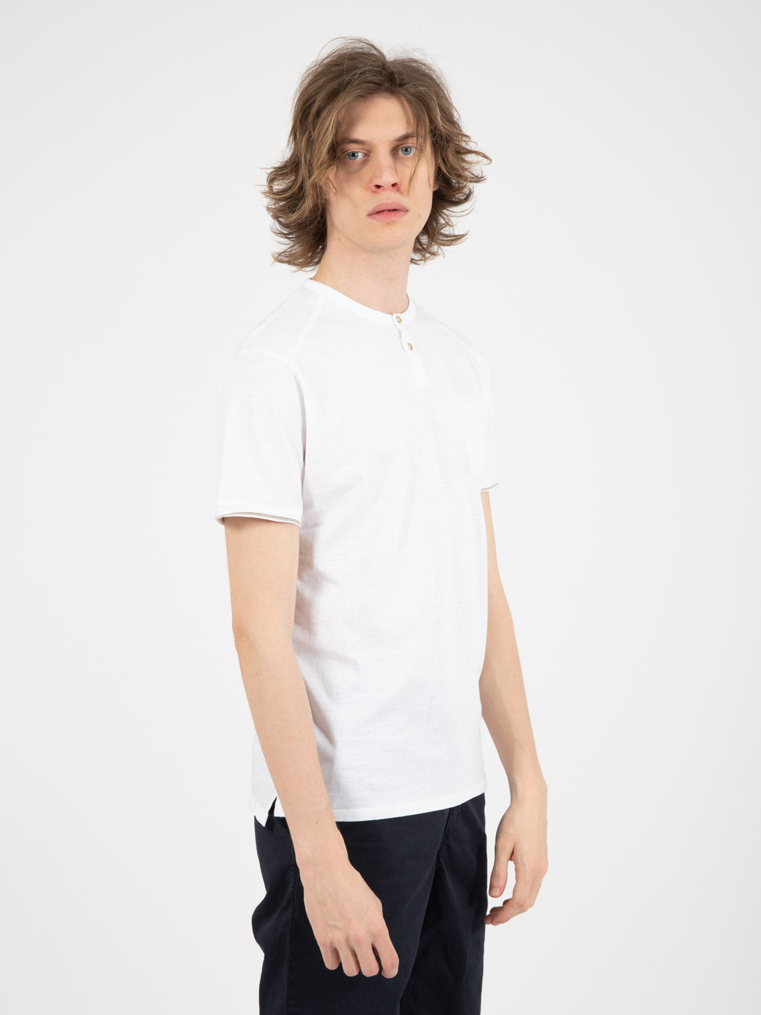 White two-button henley T-shirt