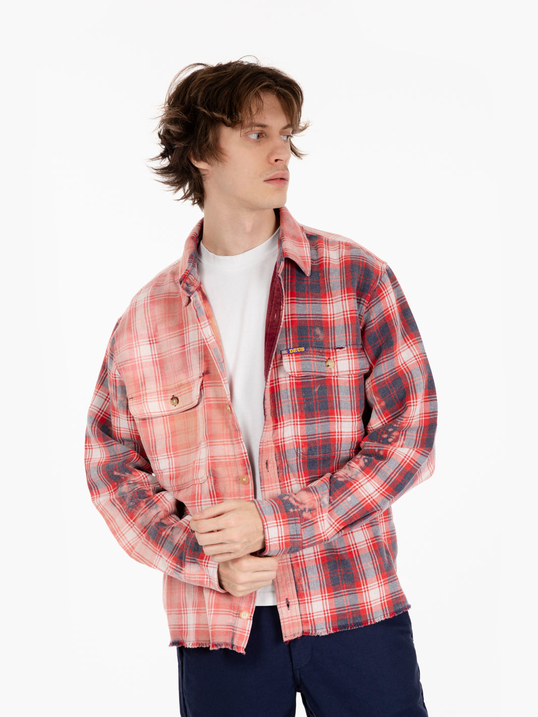 Shirt with double red checkered pattern
