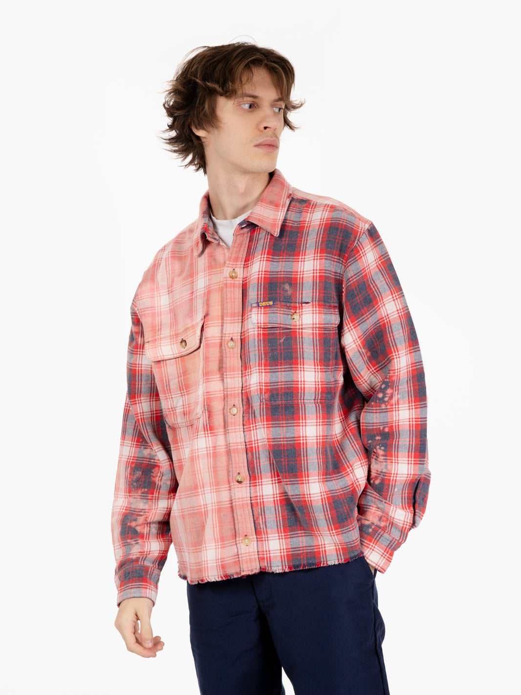 Shirt with double red checkered pattern