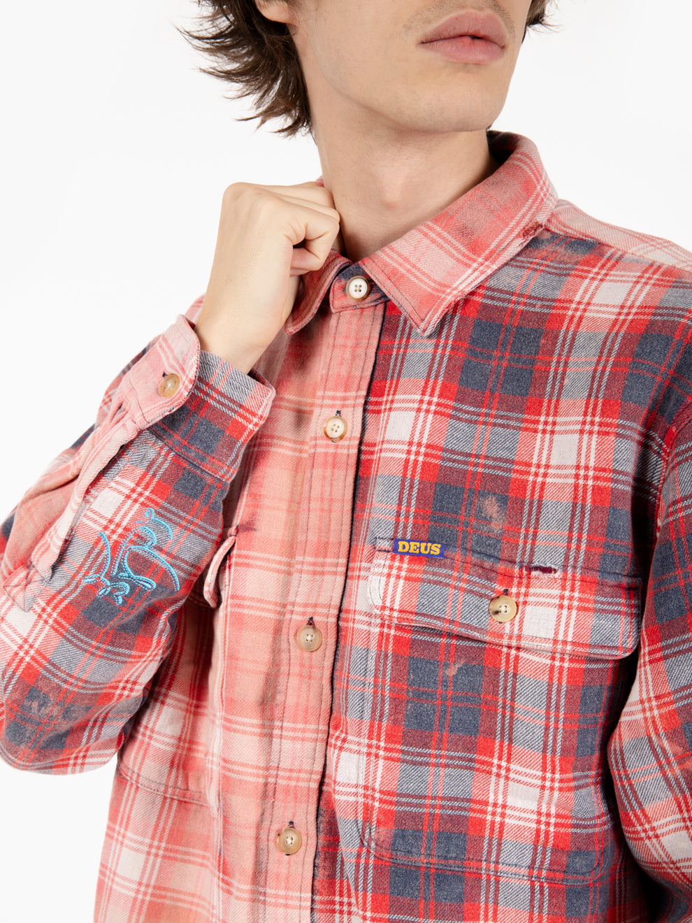 Shirt with double red checkered pattern