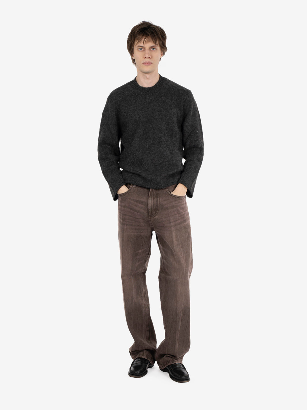 Anthracite raw-cut crew neck sweater
