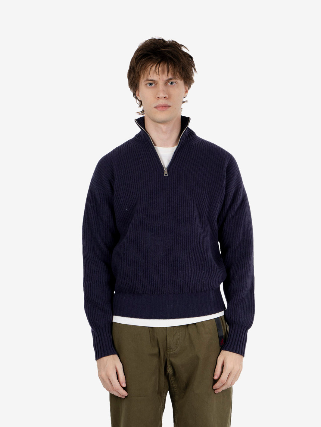 Blue half-zip fisherman's rib sweater