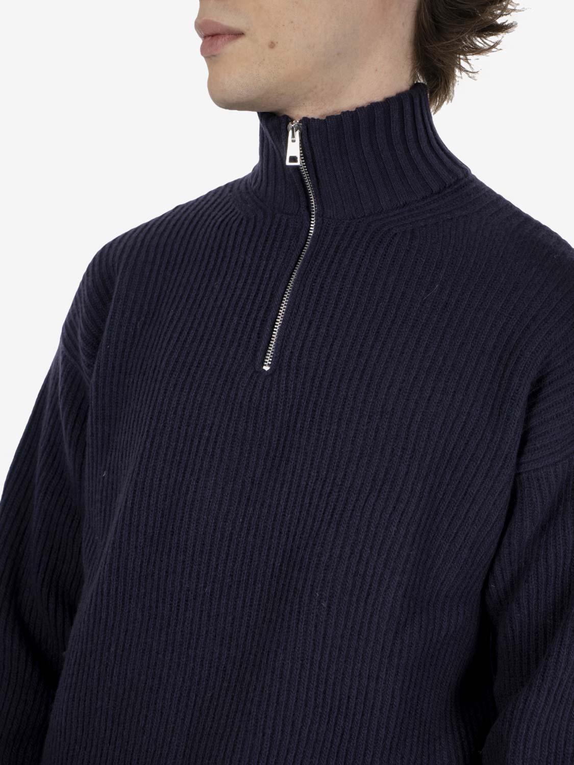 Blue half-zip fisherman's rib sweater