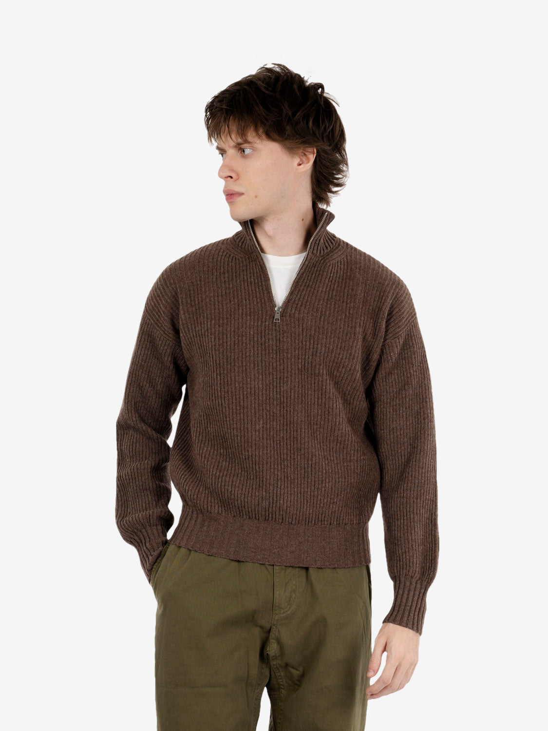 Brown half-zip English rib sweater