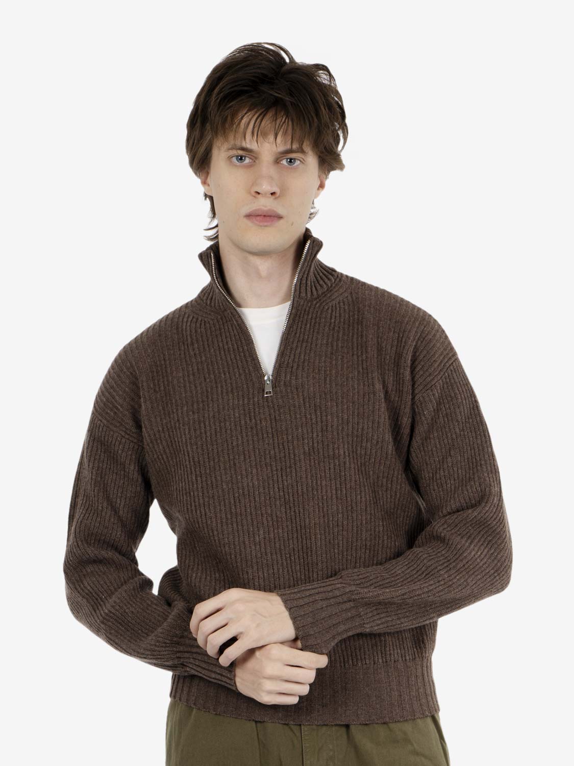 Brown half-zip English rib sweater