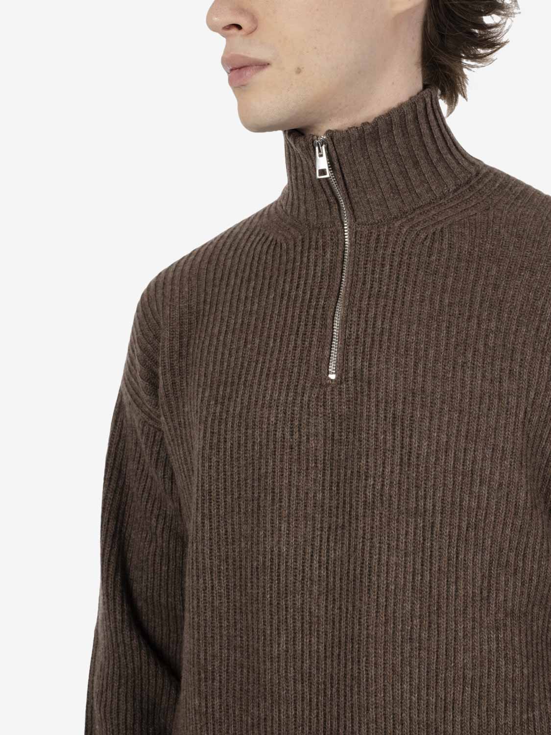 Brown half-zip English rib sweater