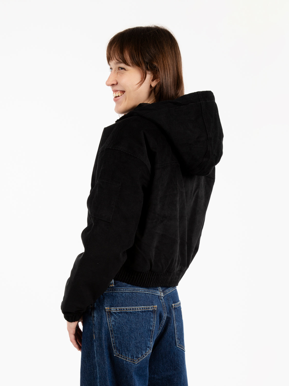 Curduroy hooded jacket W black