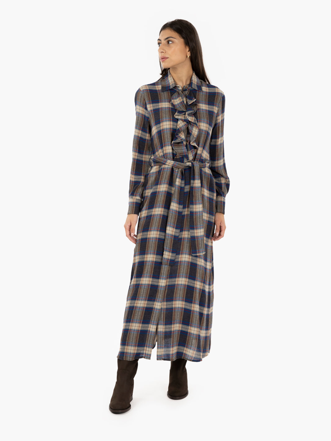 Rianta long dress with blue/grey/ecru check pattern