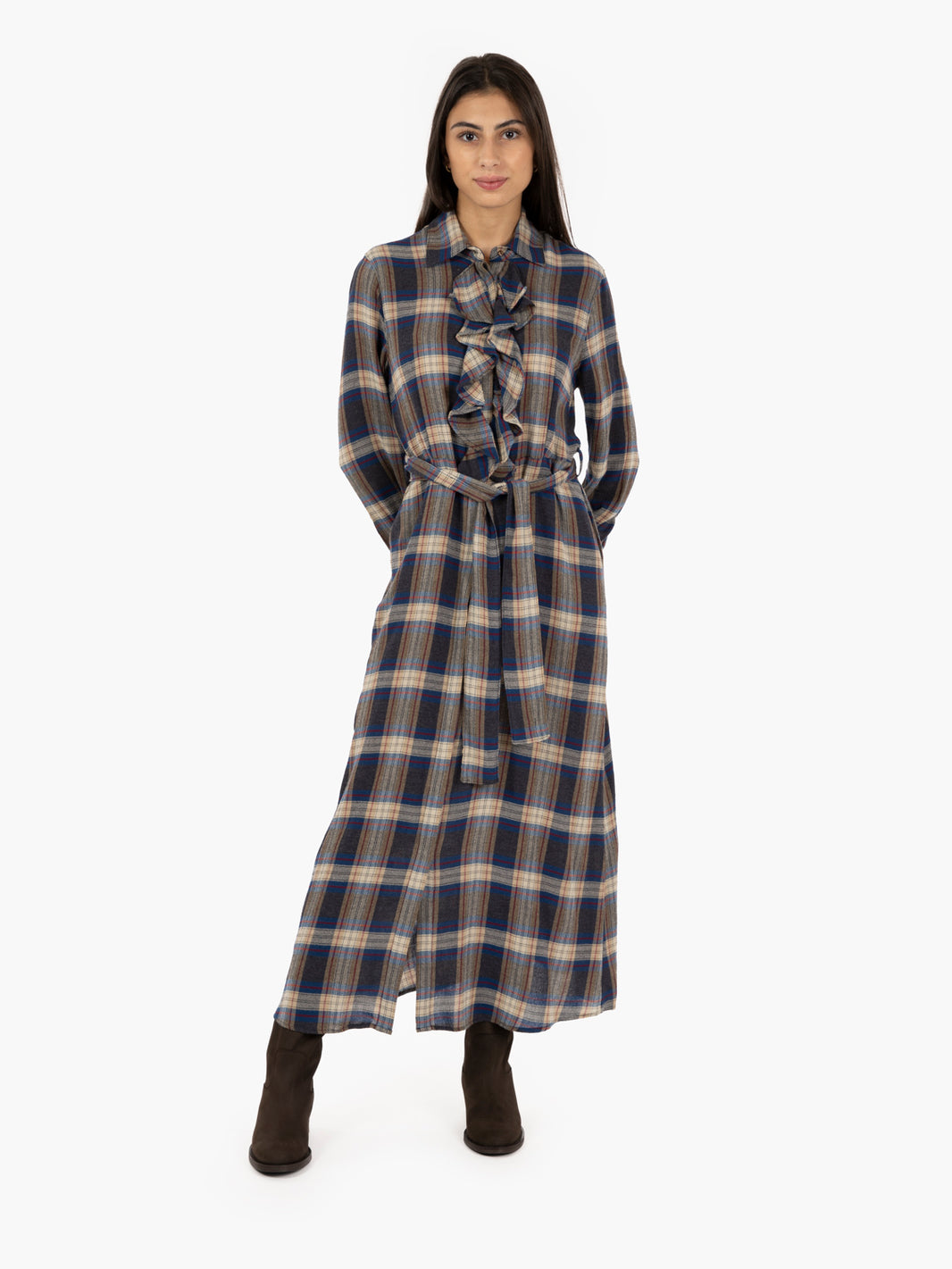Rianta long dress with blue/grey/ecru check pattern