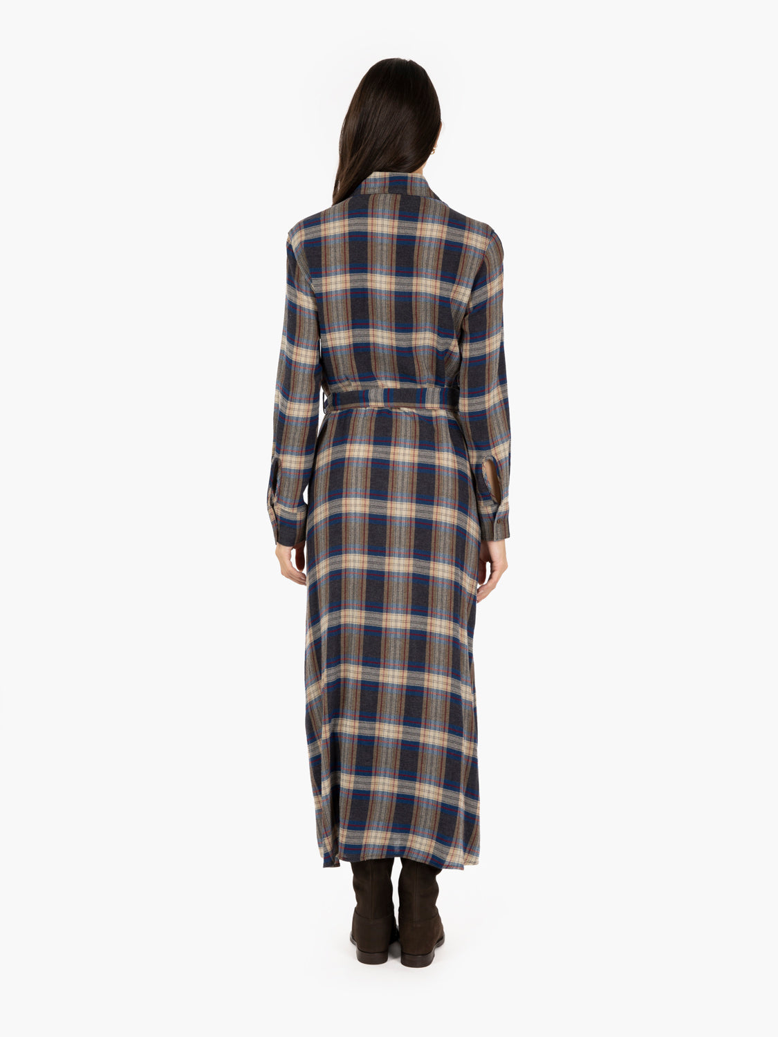 Rianta long dress with blue/grey/ecru check pattern