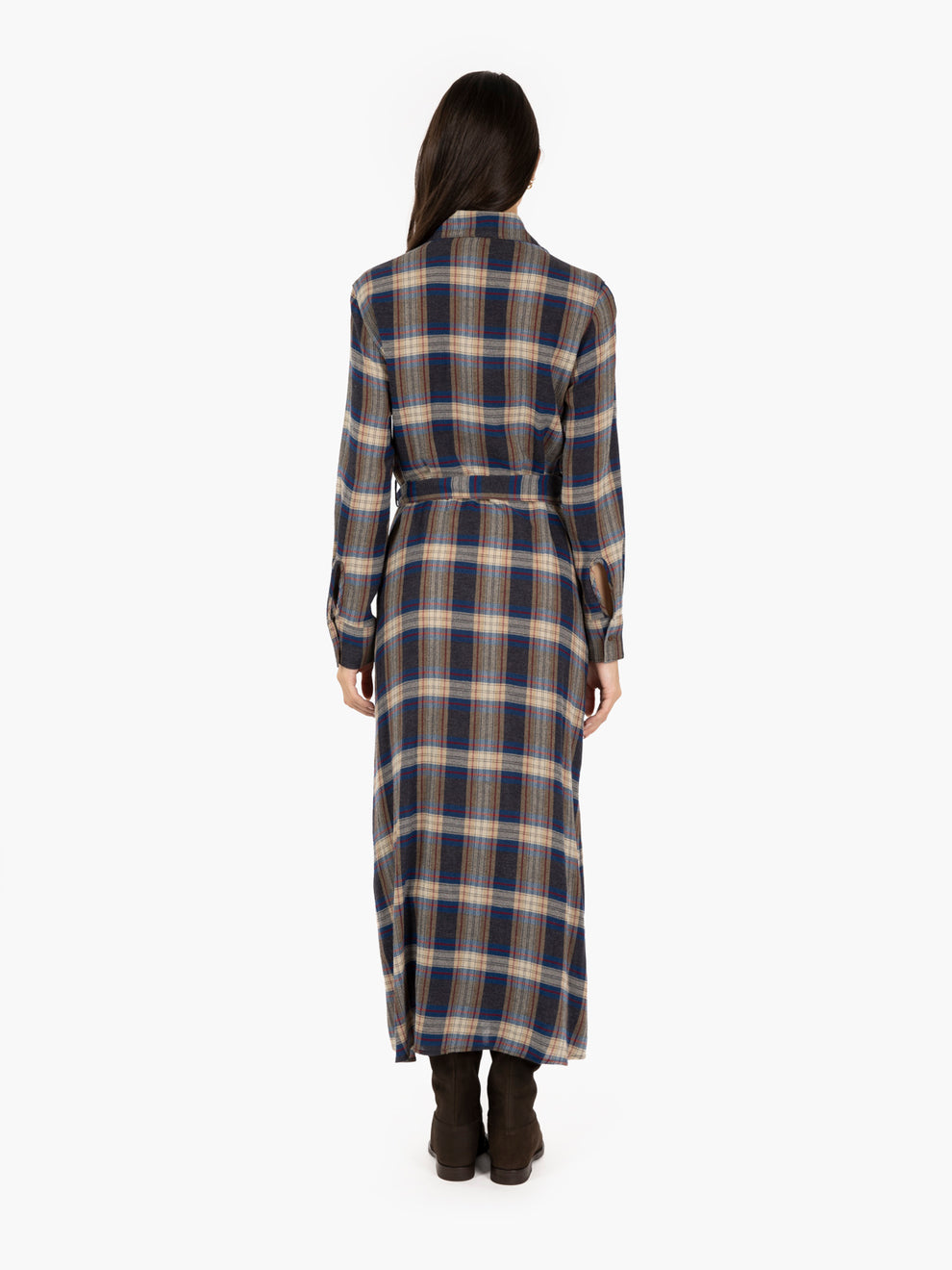 Rianta long dress with blue/grey/ecru check pattern