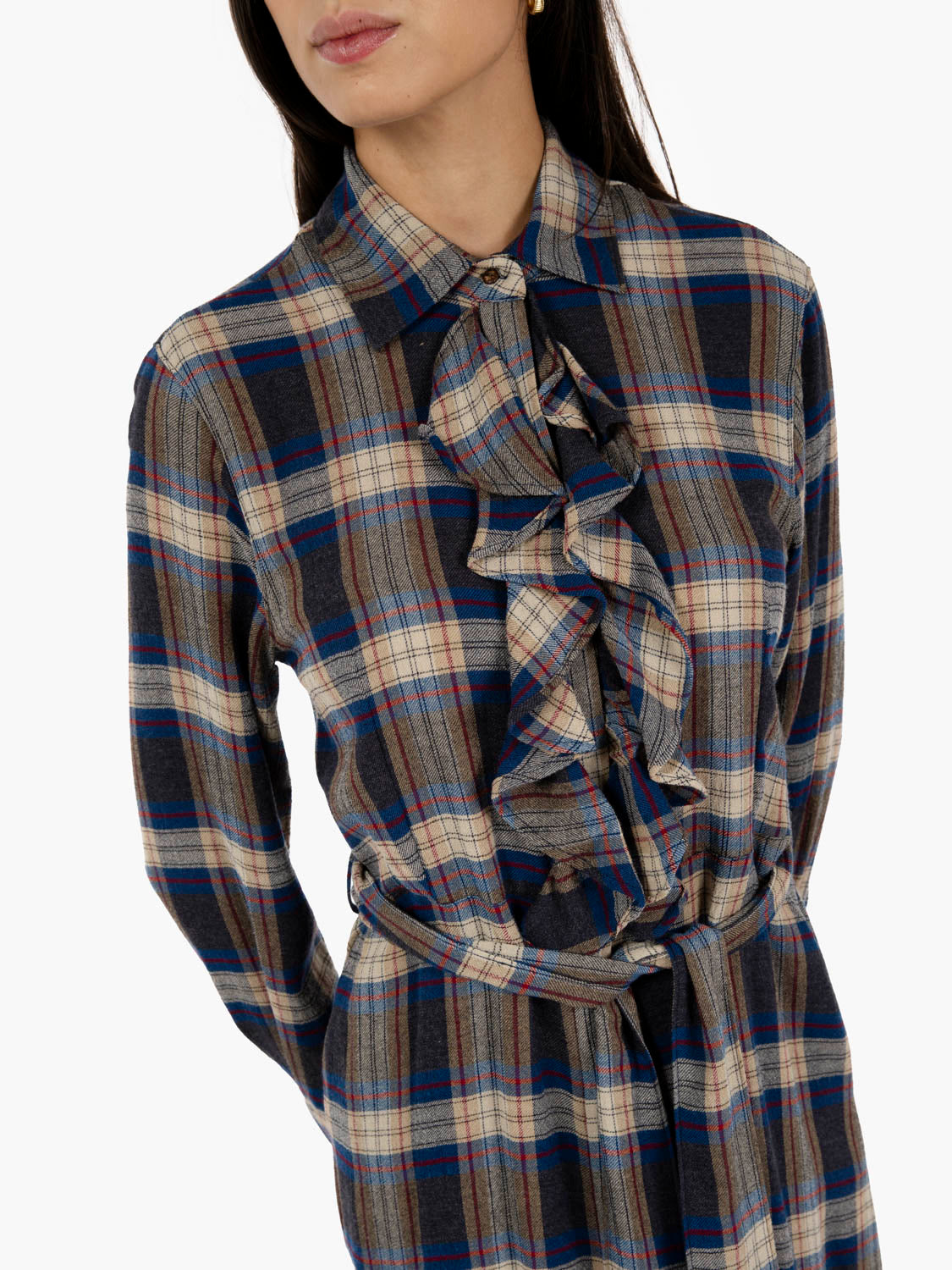 Rianta long dress with blue/grey/ecru check pattern