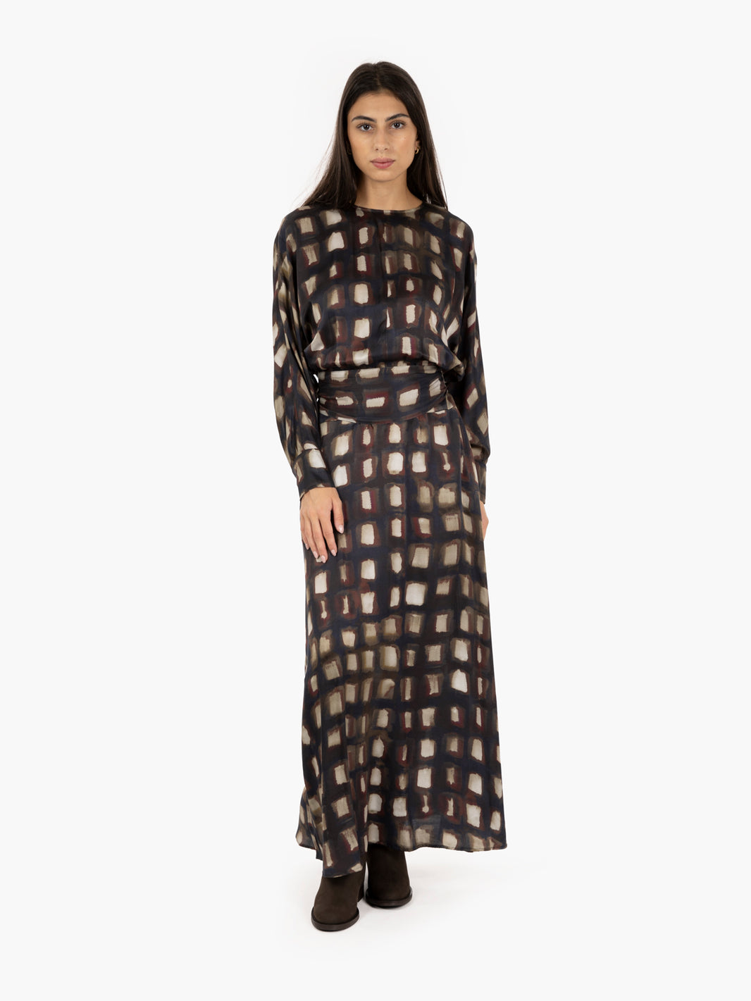 Remina dress with dark brown/ecru pattern