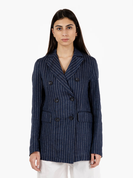 Blazer gessato in lino blu