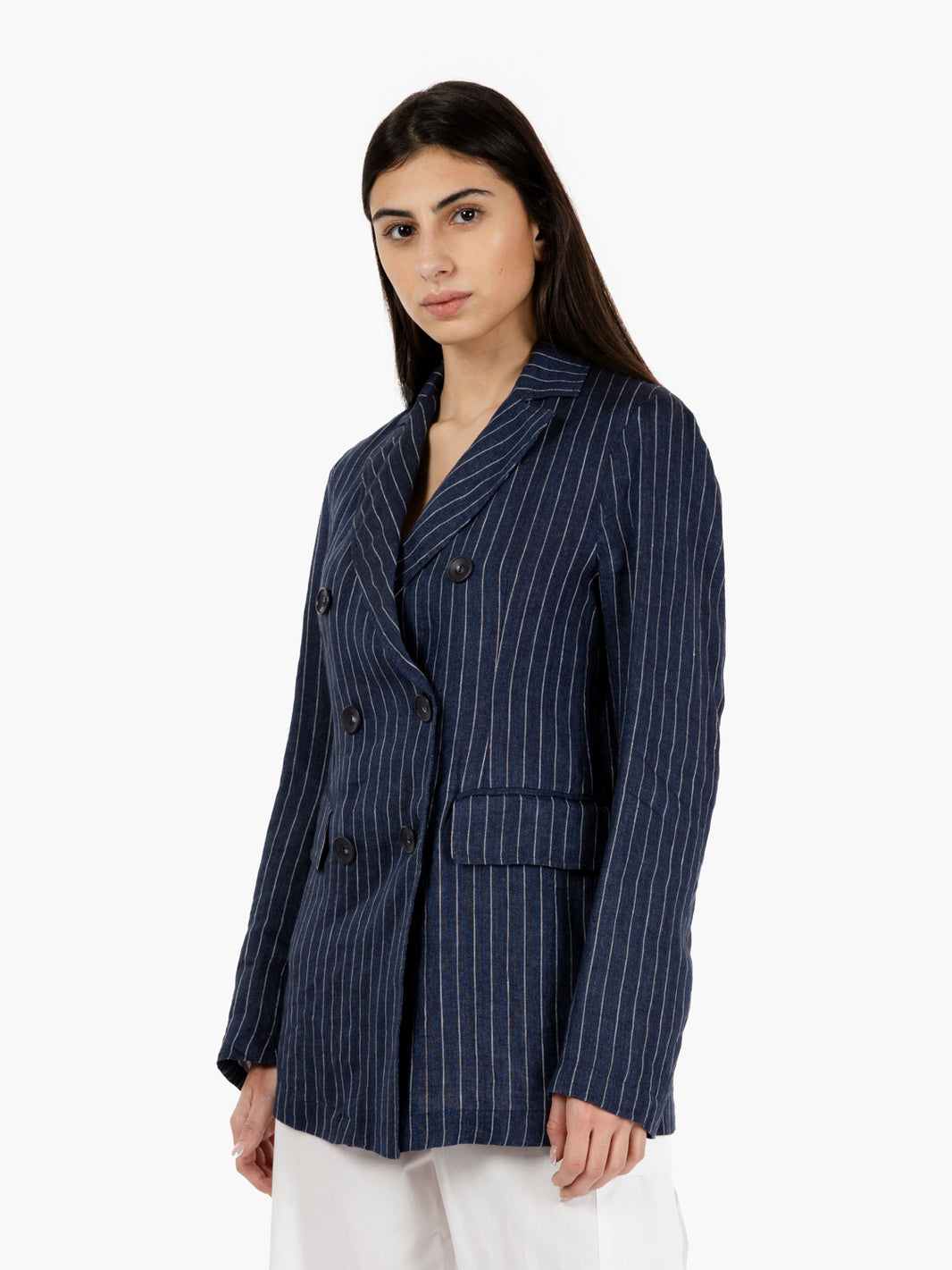 Blazer gessato in lino blu