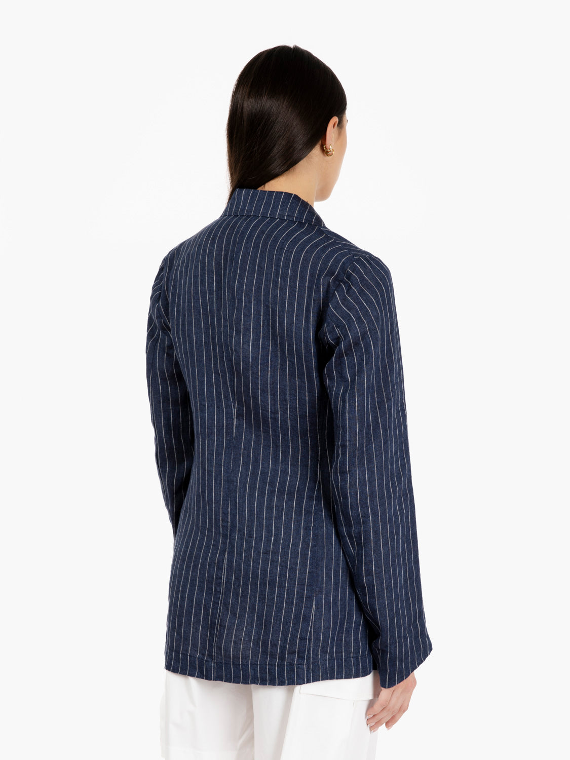 Blazer gessato in lino blu