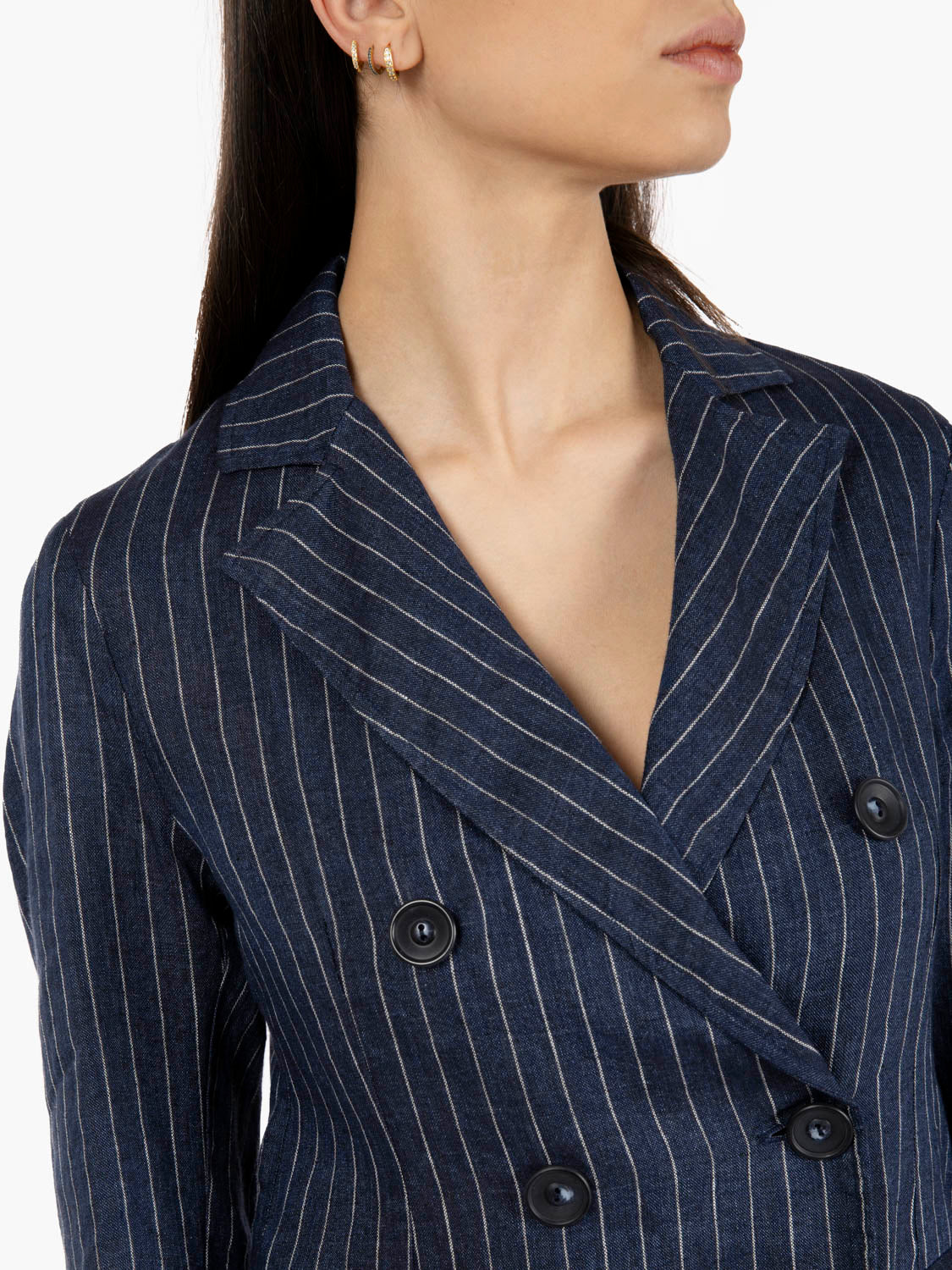 Blazer gessato in lino blu