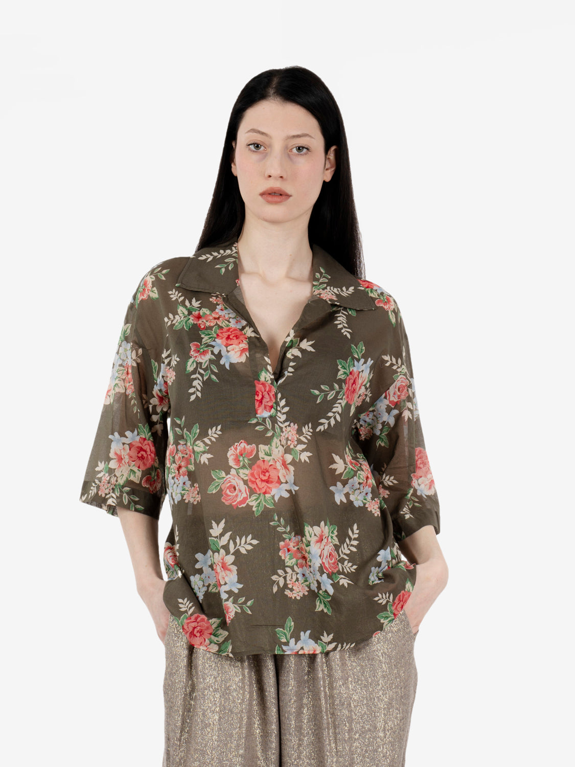 Blusa Triza a fiori kakhi / rose / ciel