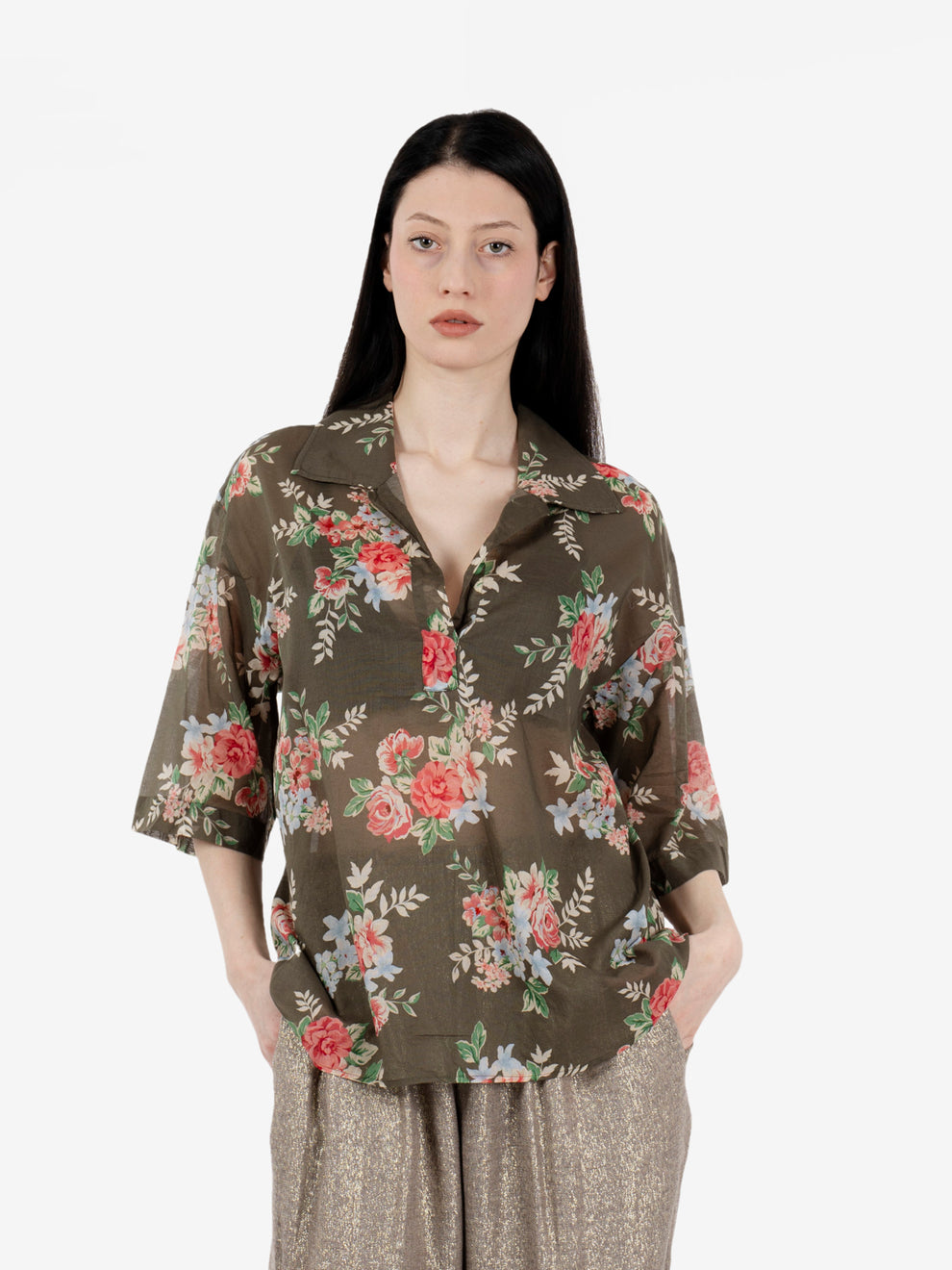 Blusa Triza a fiori kakhi / rose / ciel