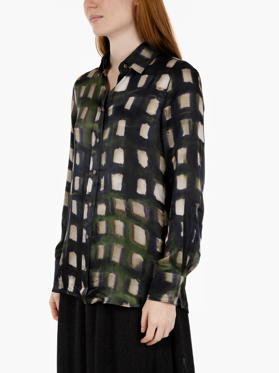 Green/ecru windowpane patterned shirt