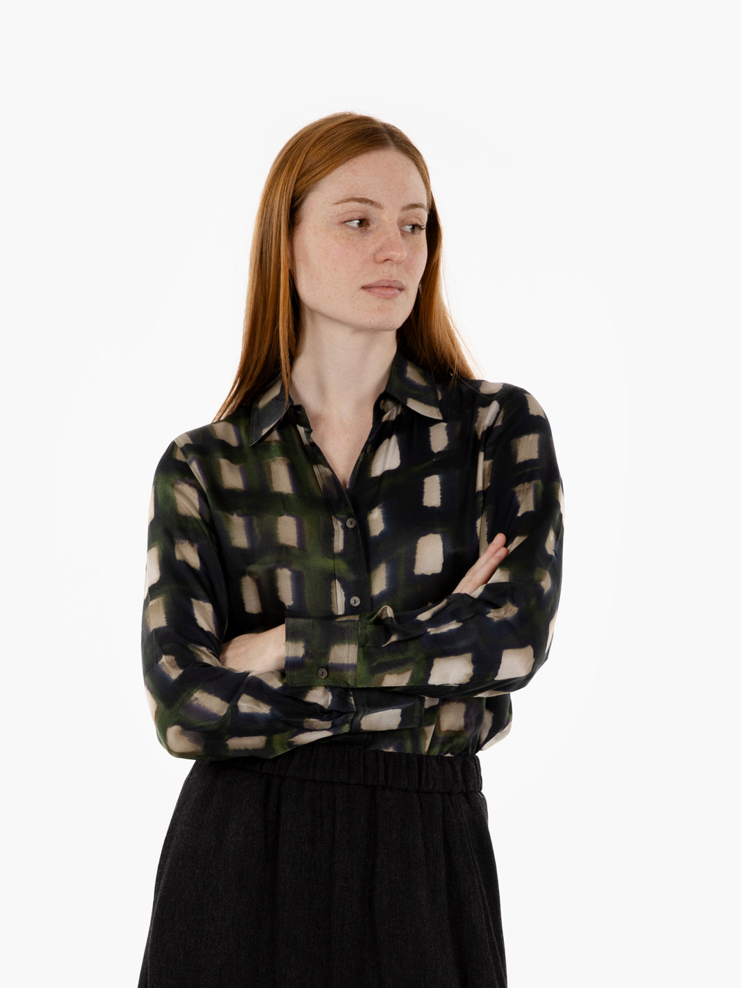 Green/ecru windowpane patterned shirt