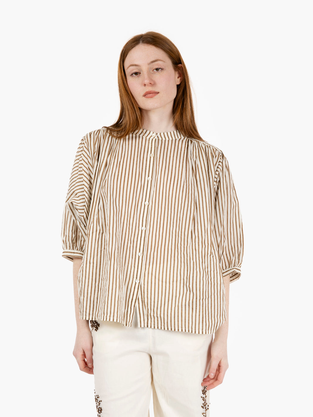 Camicia over maniche 3/4 a righe bianco / moro