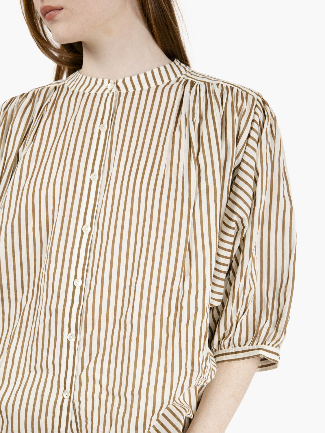 Oversized 3/4 sleeve striped shirt white / dark brown