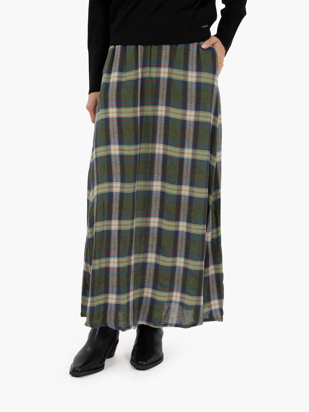 Green/Khaki/Blue Check Midi Skirt