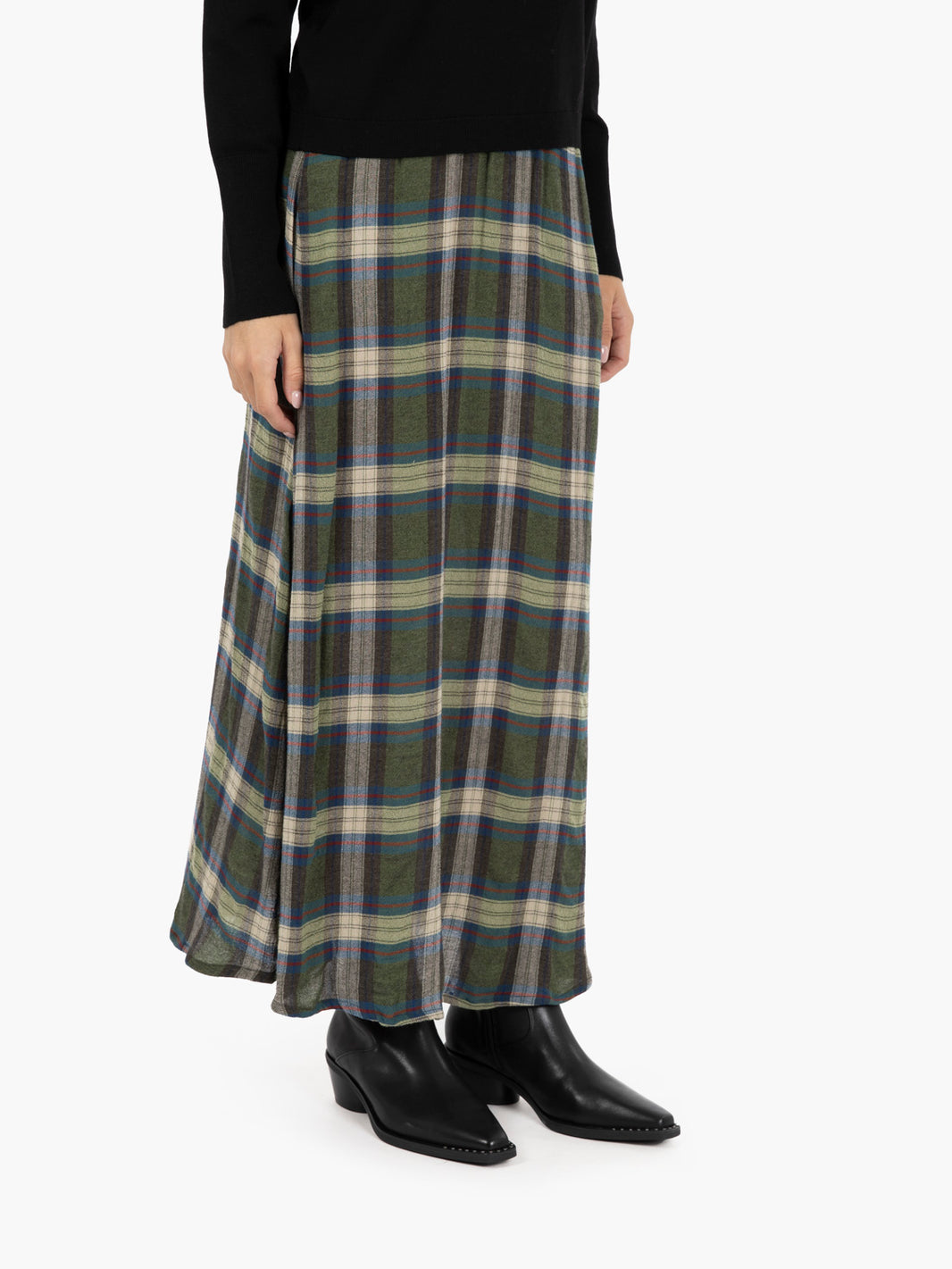 Green/Khaki/Blue Check Midi Skirt