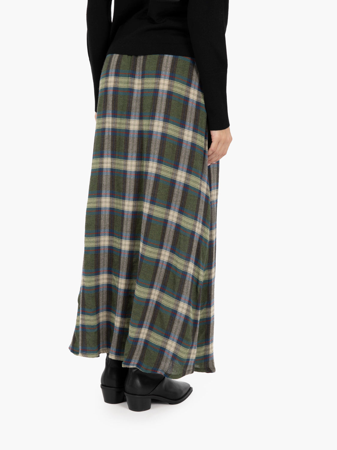 Green/Khaki/Blue Check Midi Skirt