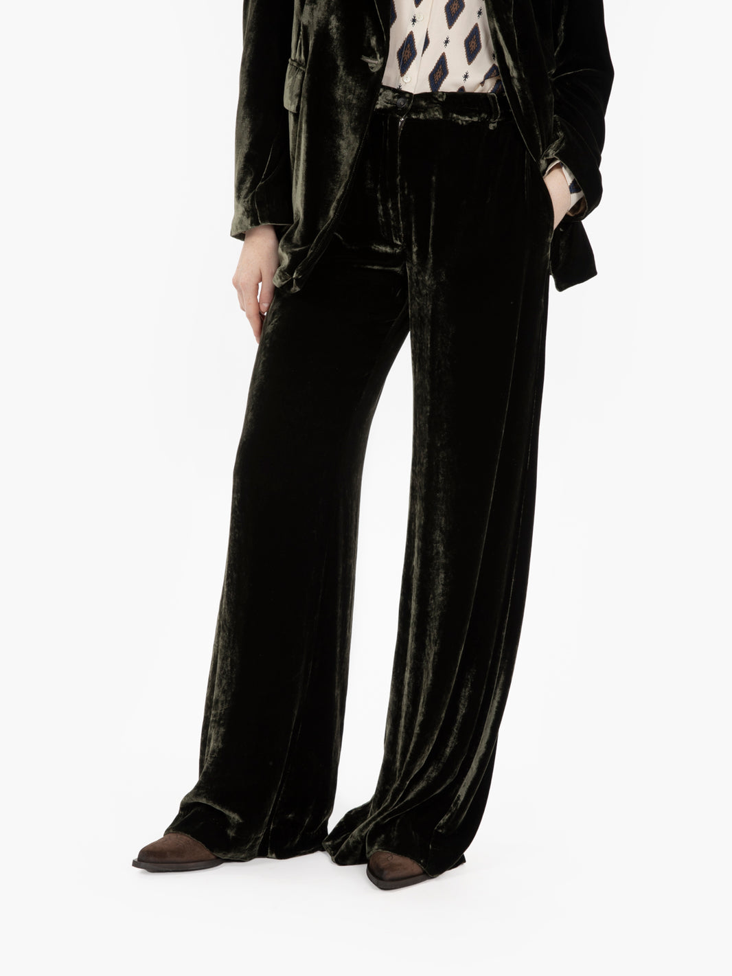 Green velvet palazzo trousers