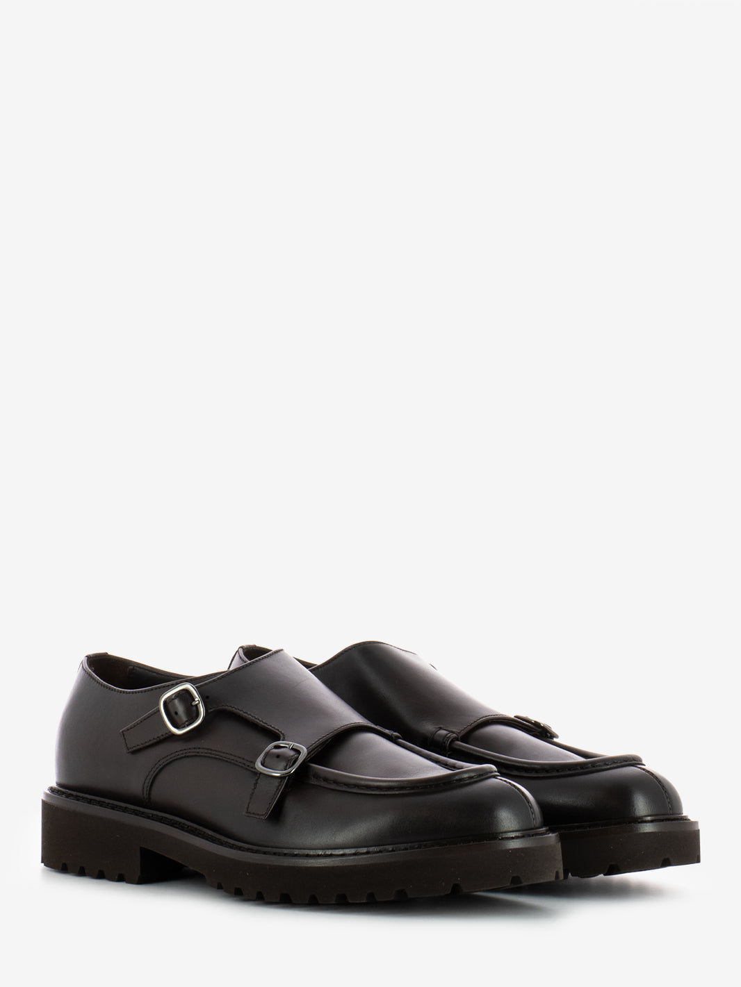 Double buckle moccasins with dark brown trim