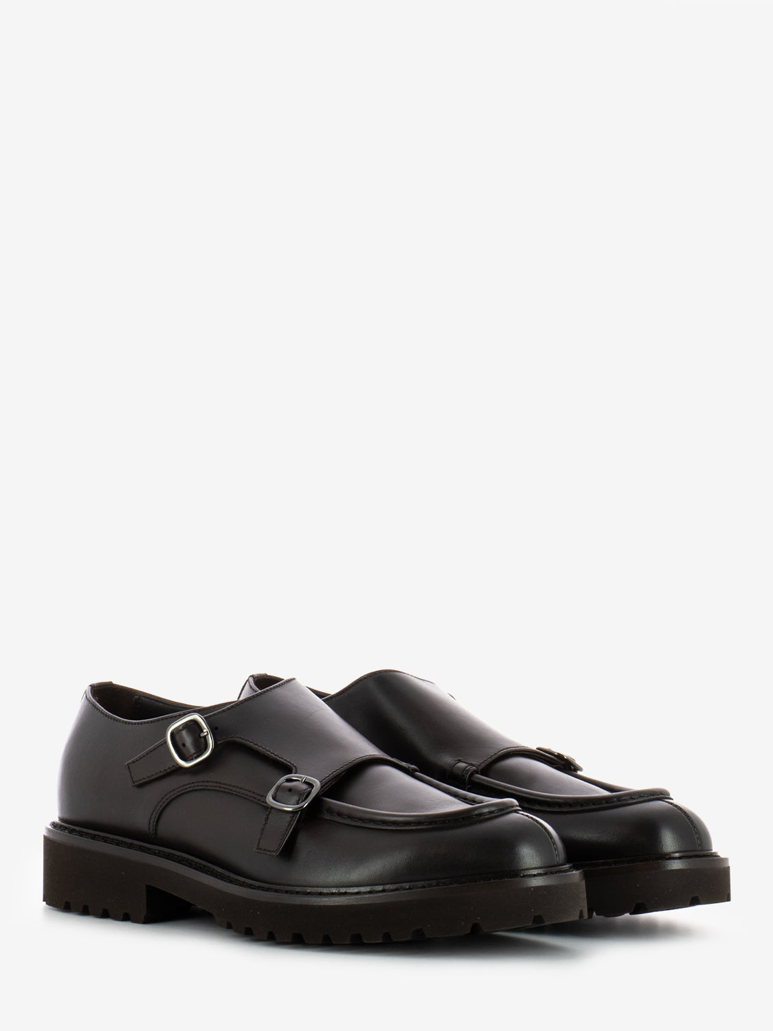 Double buckle moccasins with dark brown trim