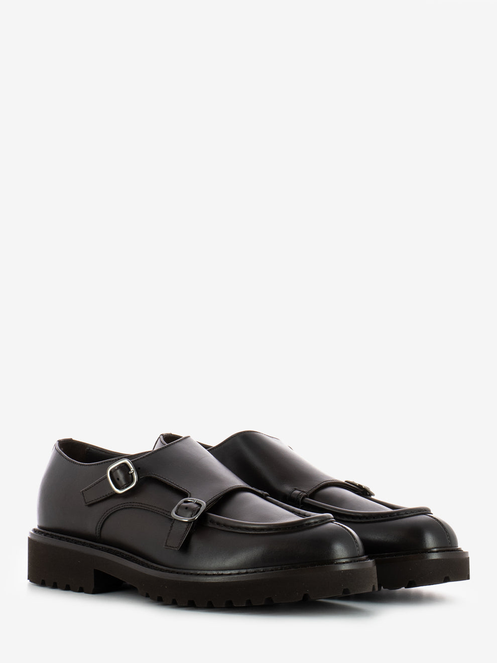 Double buckle moccasins with dark brown trim
