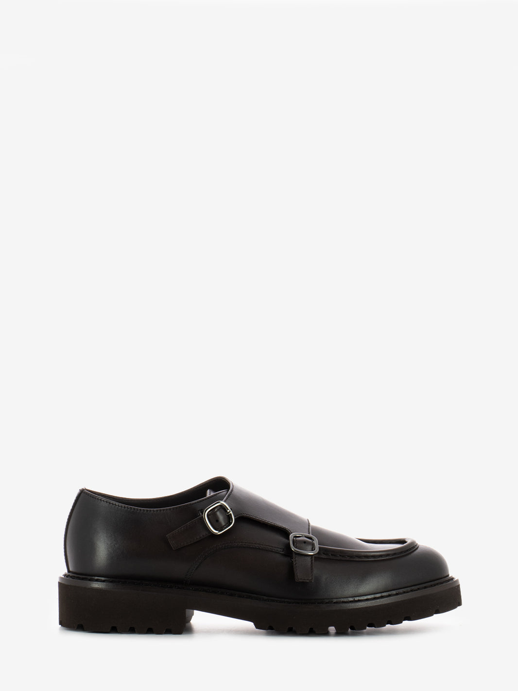 Double buckle moccasins with dark brown trim