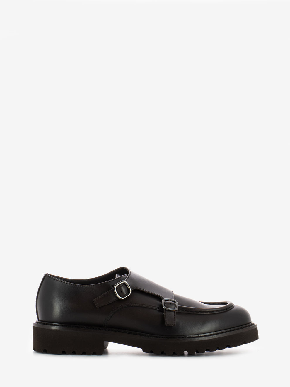 Double buckle moccasins with dark brown trim