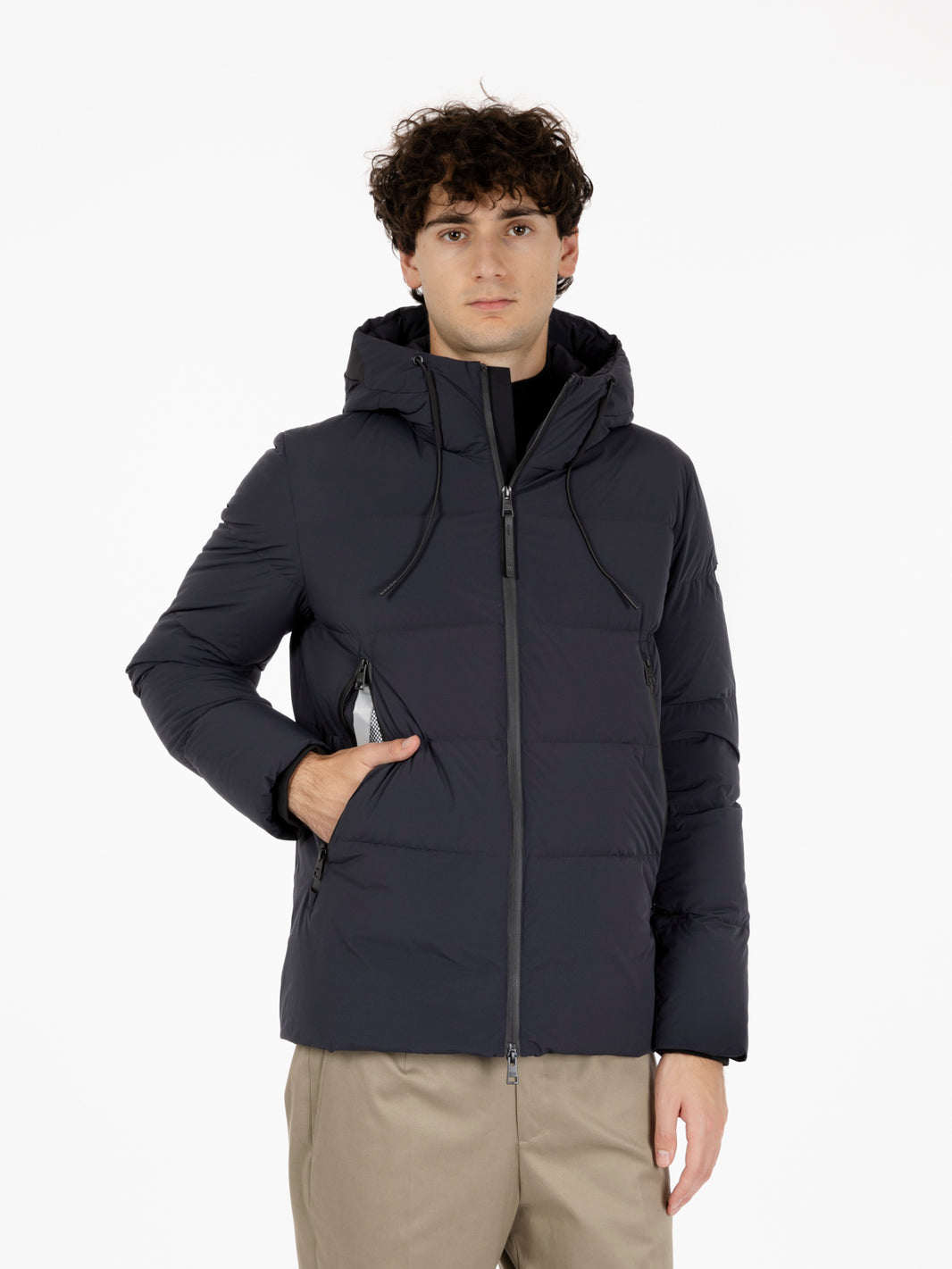 Piumino packable trapuntato con cappuccio blu