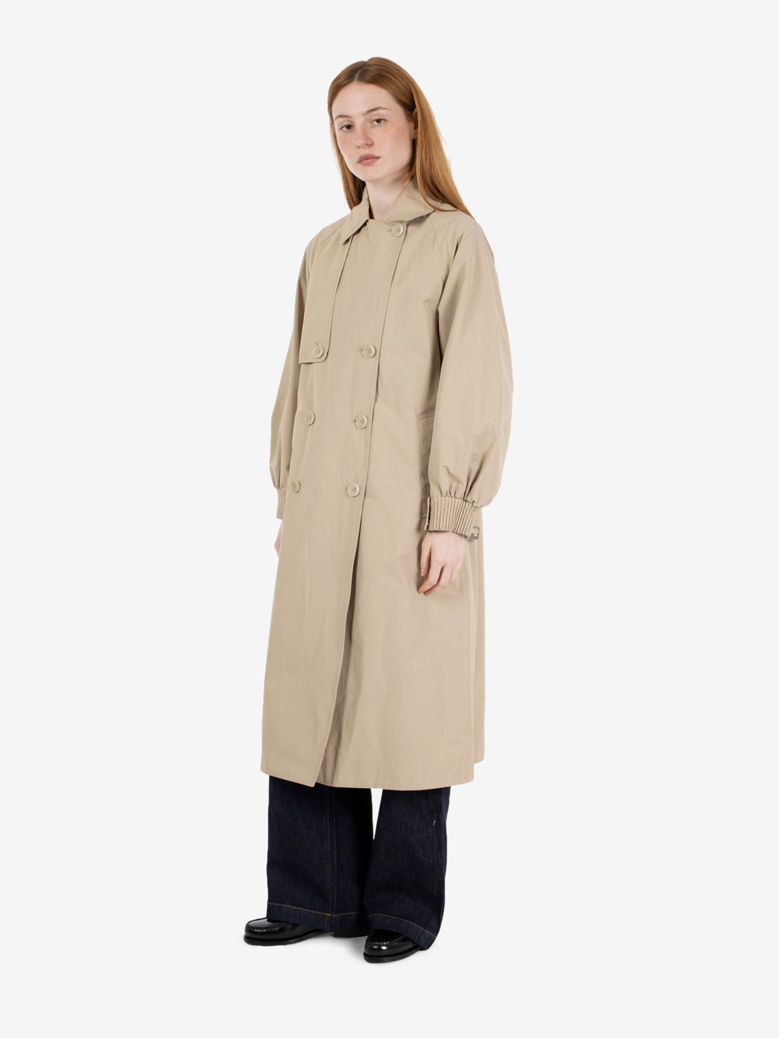 DOUBLE-BREASTED TRENCH COAT WITH RAGLAN SLEEVES IN TOASTED OATS SUBARNA-ANSEDONIA_149