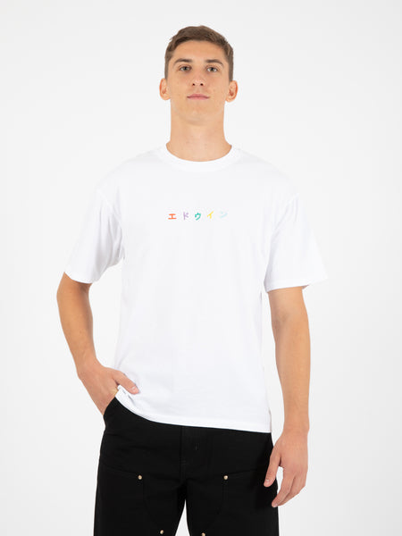 T-shirt katakana embroidery white multicolors letters