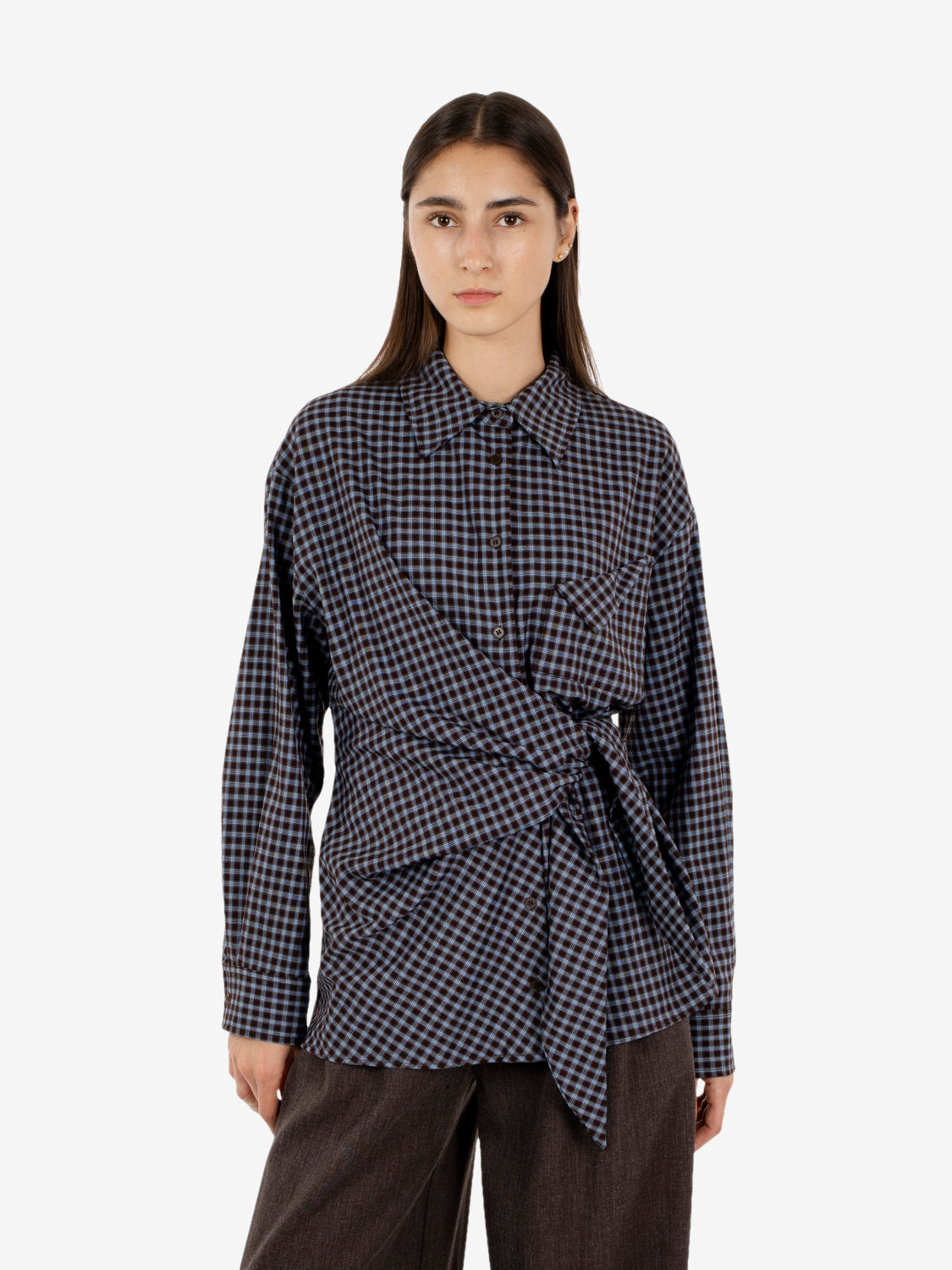 Knotted brown/light blue plaid shirt
