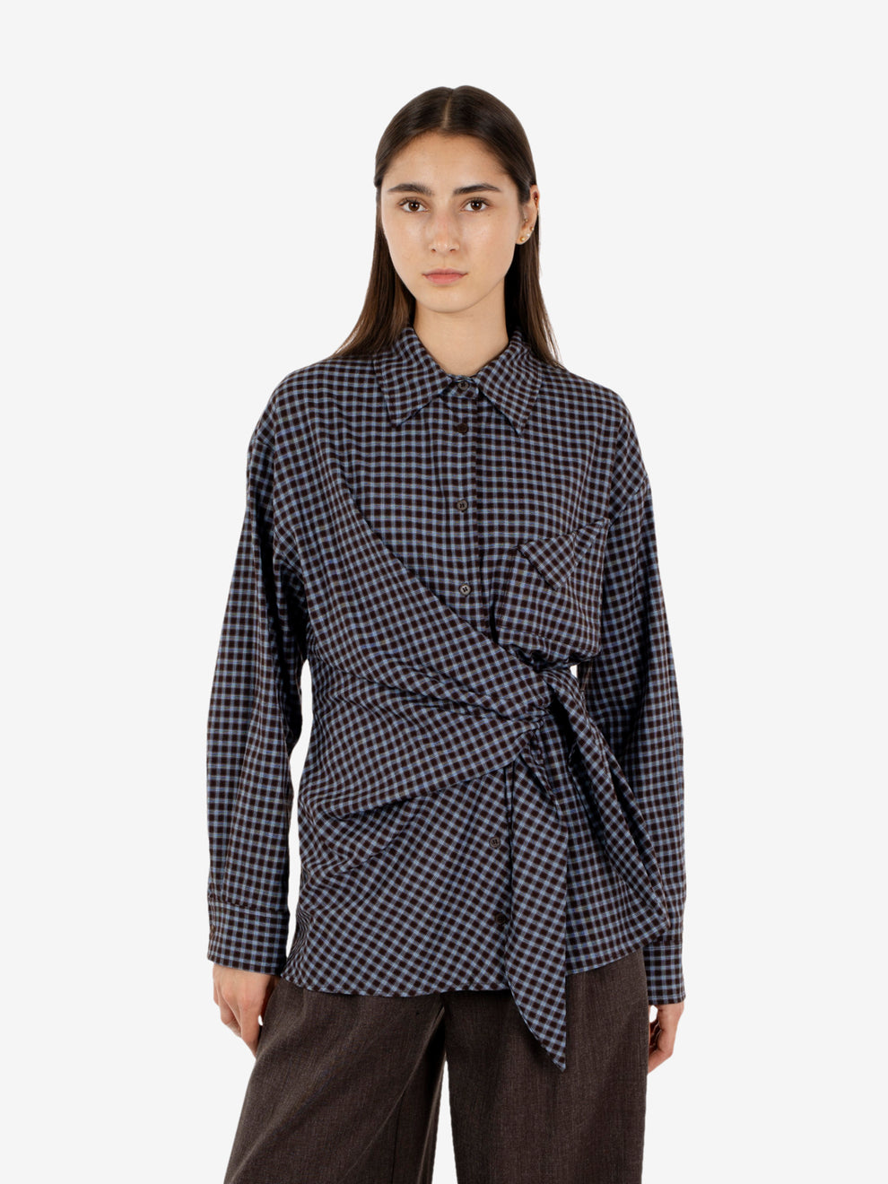 Knotted brown/light blue plaid shirt