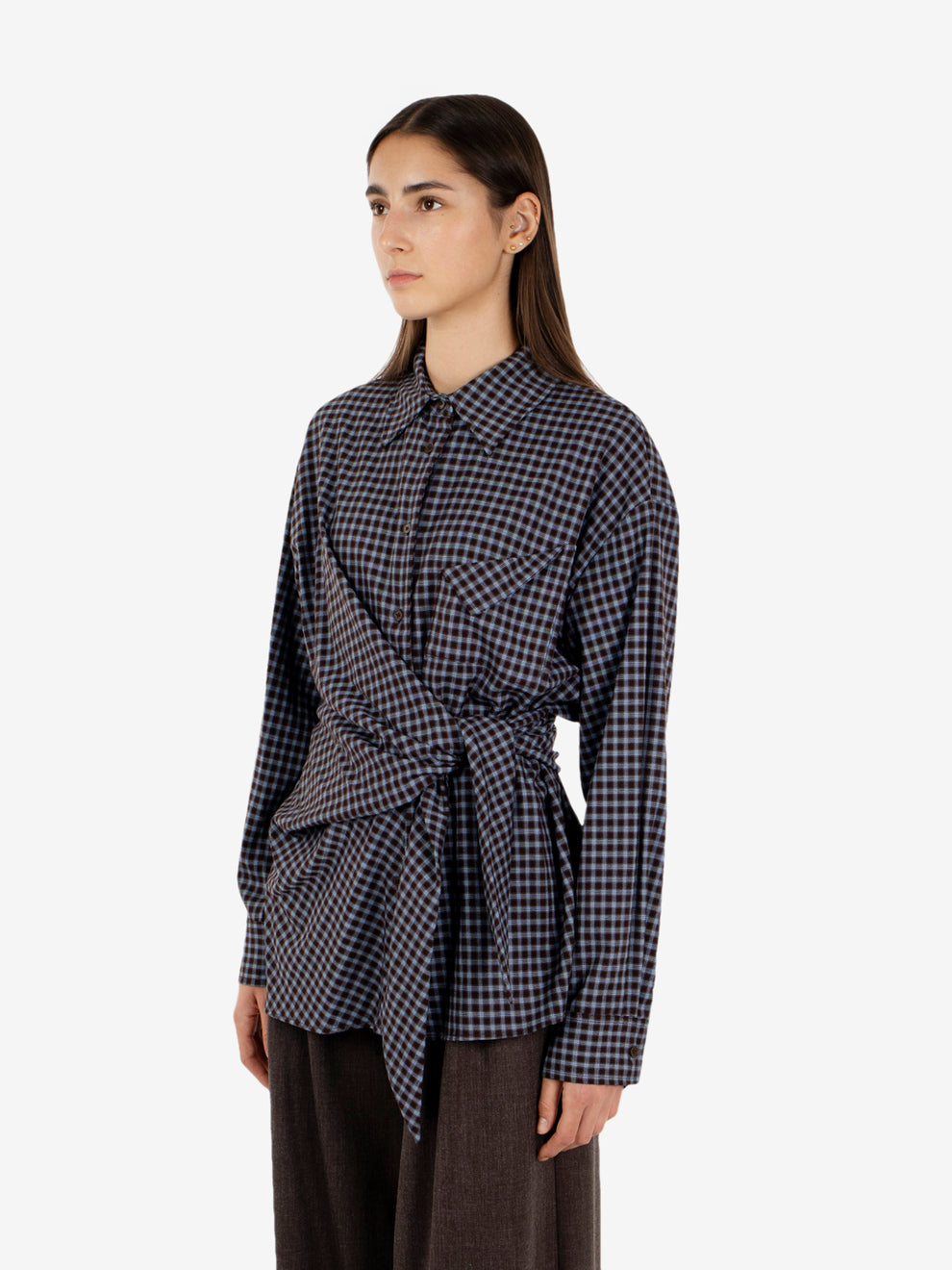 Knotted brown/light blue plaid shirt