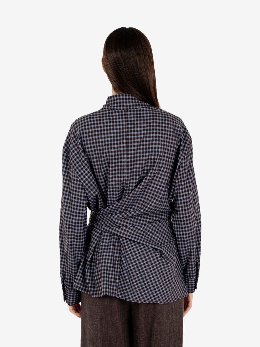Knotted brown/light blue plaid shirt