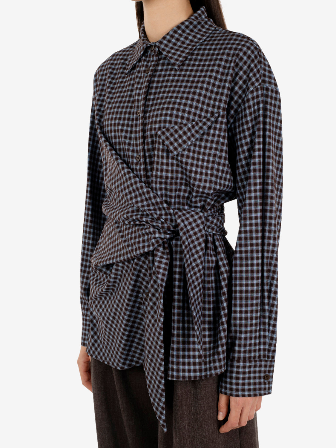 Knotted brown/light blue plaid shirt