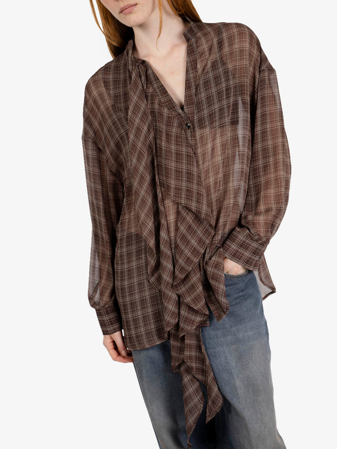 Camicia check con rouches marrone