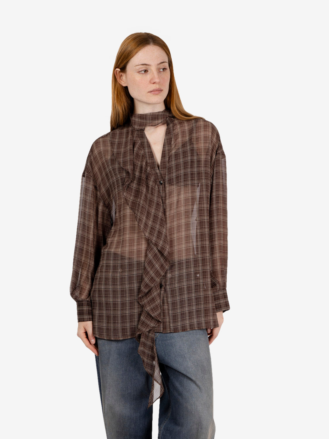 Camicia check con rouches marrone