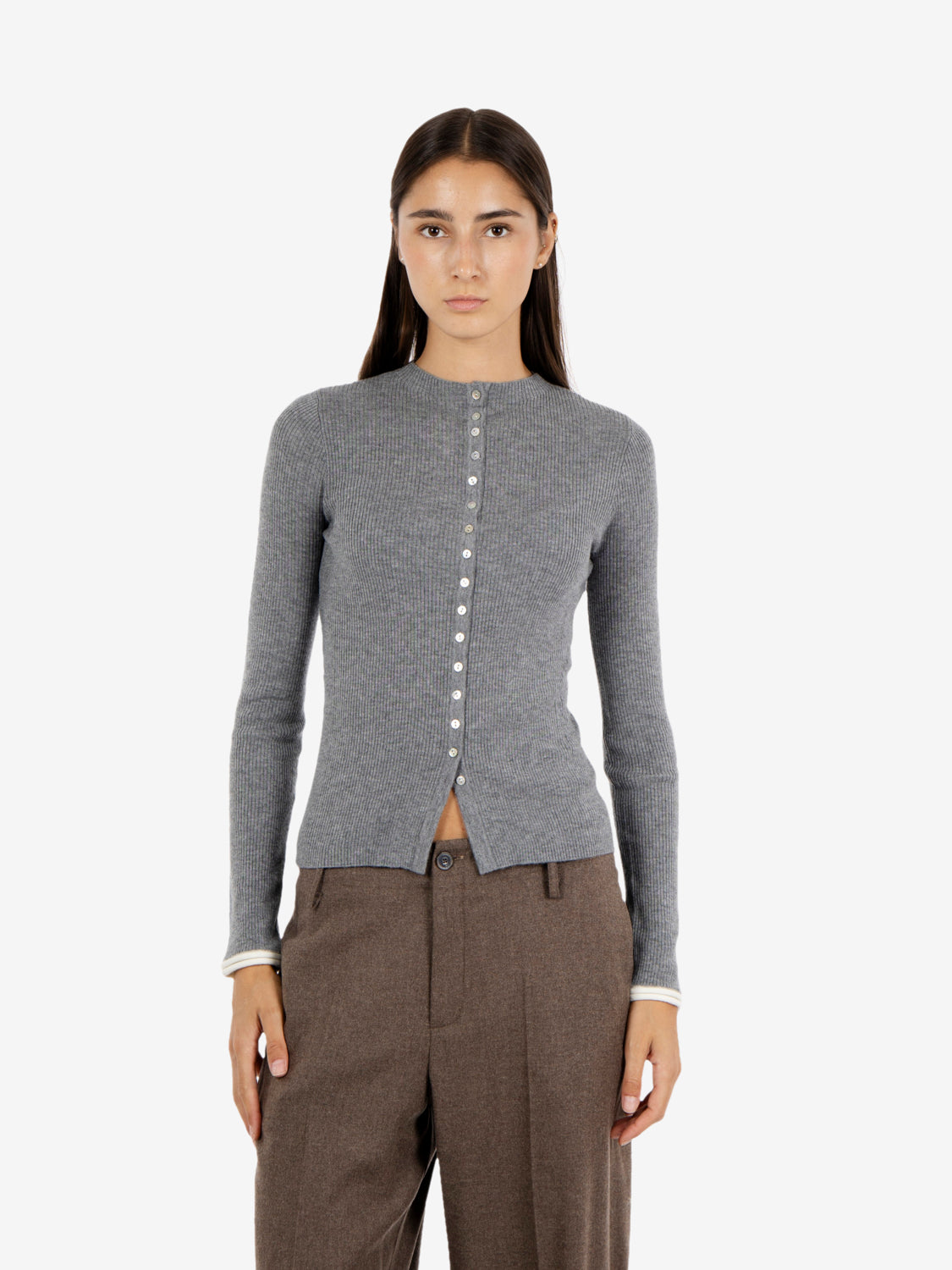Cardigan serafino a coste grigio