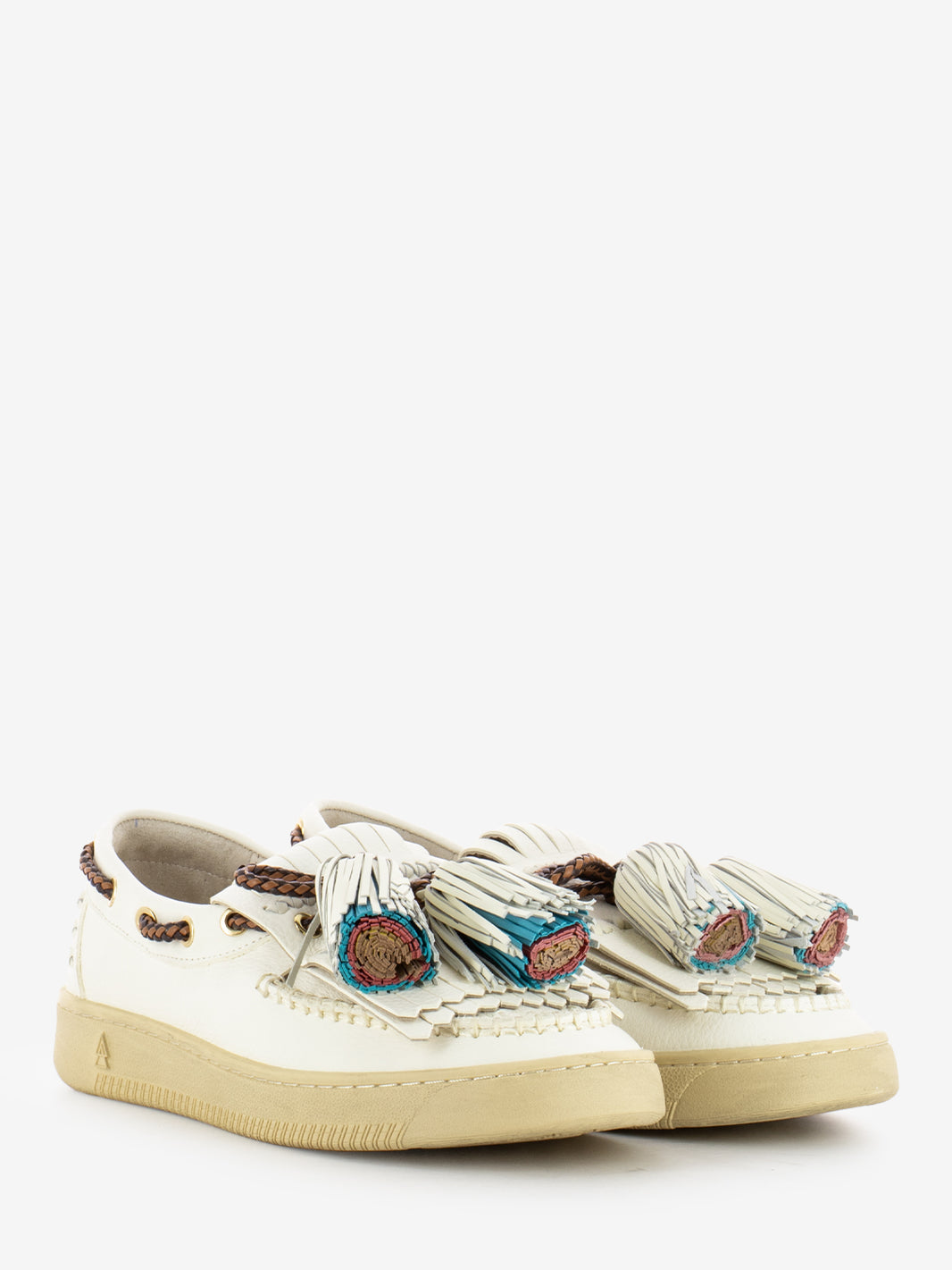 White / multicolor tassel and fringe moccasins