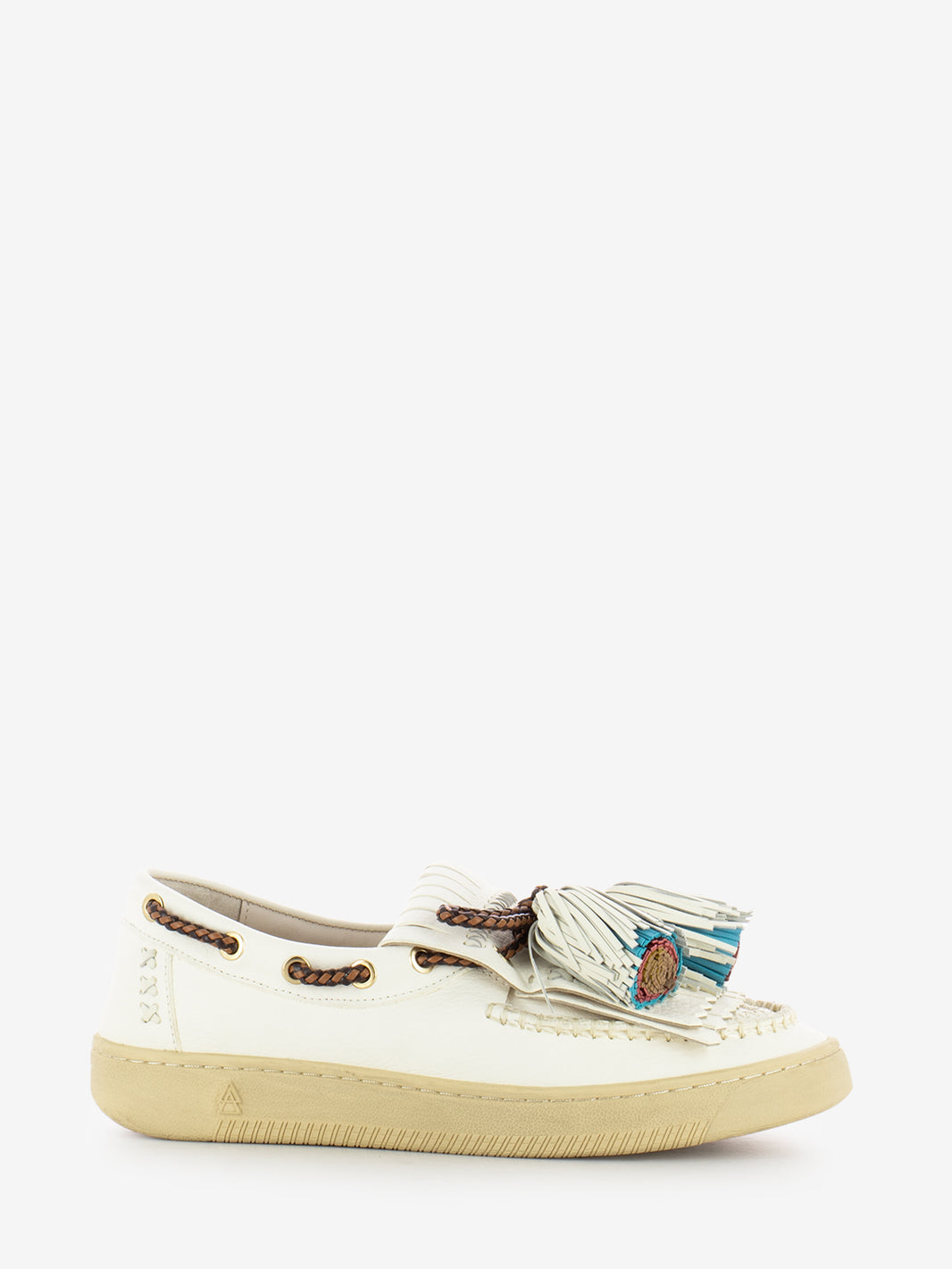 White / multicolor tassel and fringe moccasins