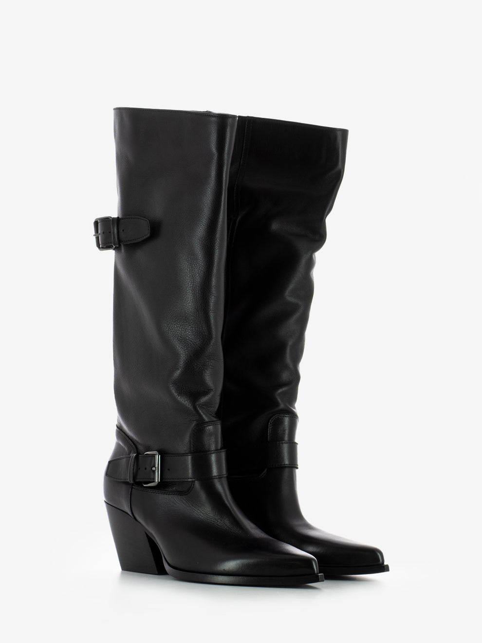 Elena Iachi Black Leather Buckle Cowboy Boots